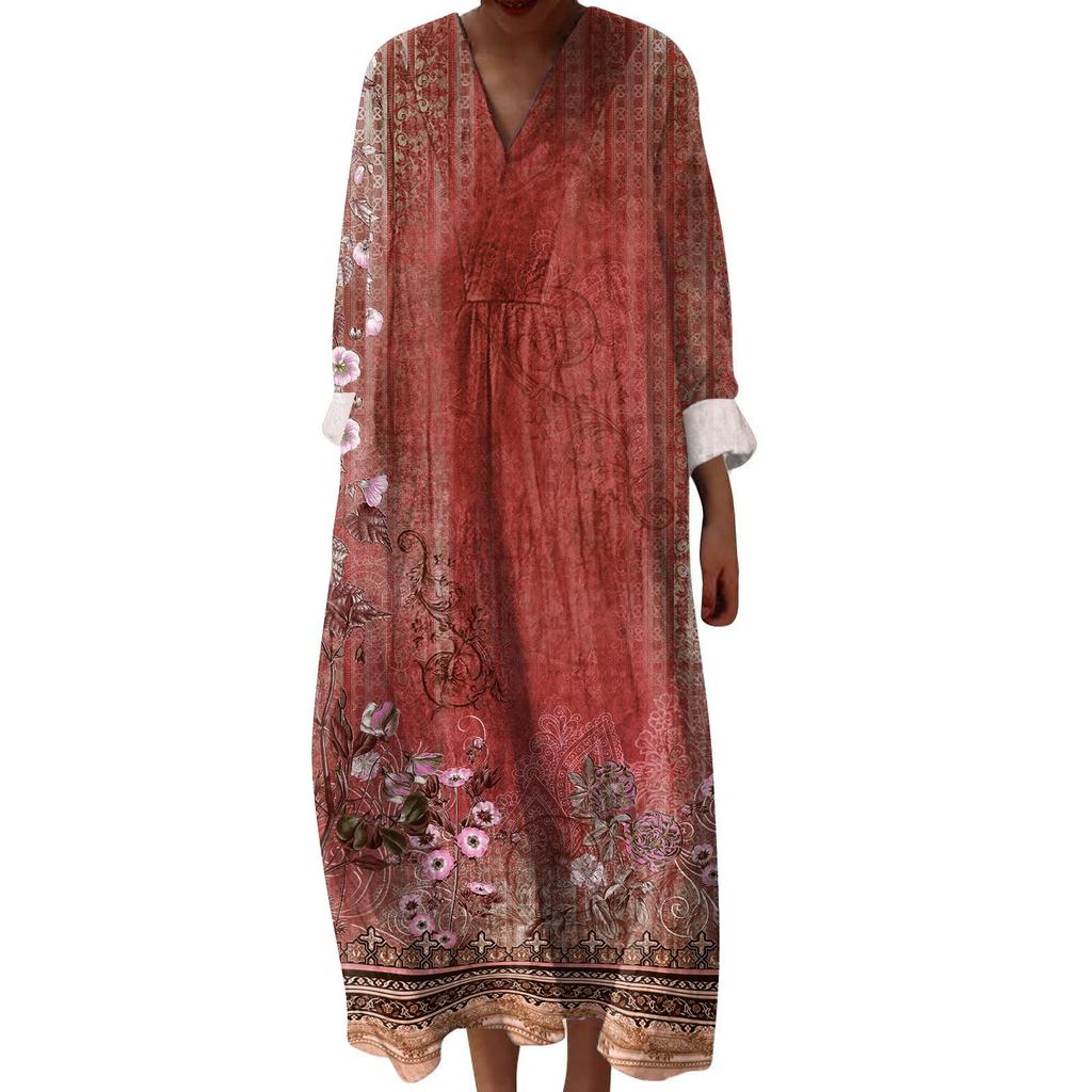 Women's Casual And Fashionable V-Veck Printed Long Sleeved Dress Long Sleeved Dress