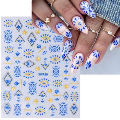 3D bohemisk stil nagelkonstklistermärken blå glitter spets mandala blomma kronblad onda ögat fransk linje DIY manikyr sliders dekoration
