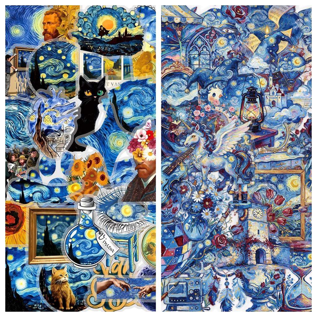 50Pcs/Set The Starry Night . Van Gogh Art Gallery PET Clear Stickers Waterproof DIY Fashion Decals Journal Stickers (2 Styles)