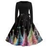 Christmas Print Flare Dress For Women Long Sleeve Dress Hollow Party Casual Dresses