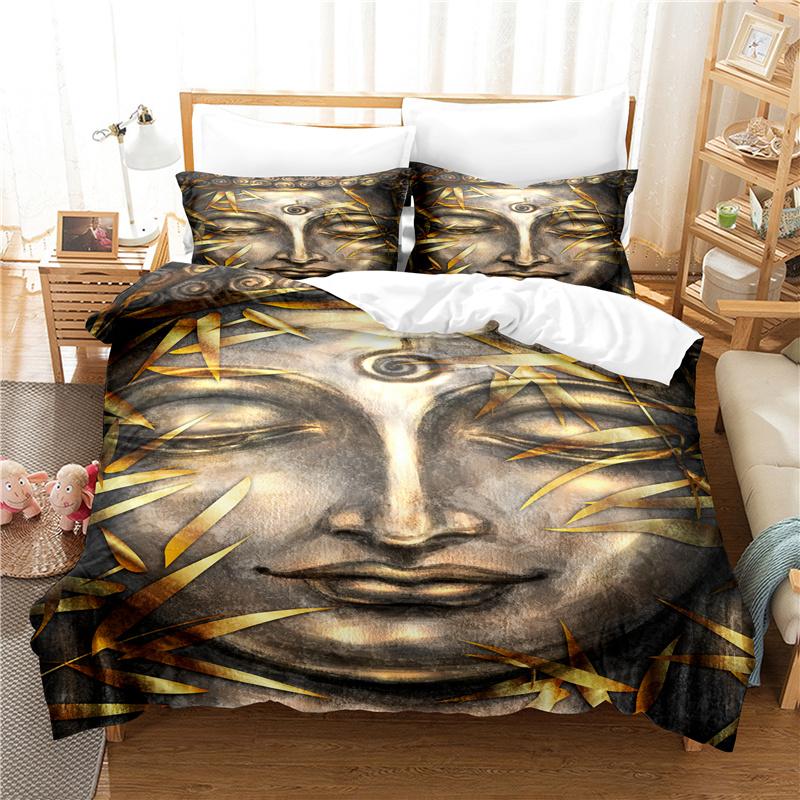 Buddha Statue Duvet Cover Set 3D Digital Printing Gold Queen King Size Bedding Set For Kids Boys Girls Polyester Comforter Set