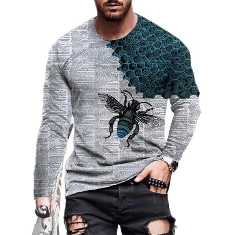 Autumn Winter Personalized Versatile Honeycomb Bee Pattern 3D Printed T-shirt Men Round Neck Long Sleeve Street Trendy Style T-shirt