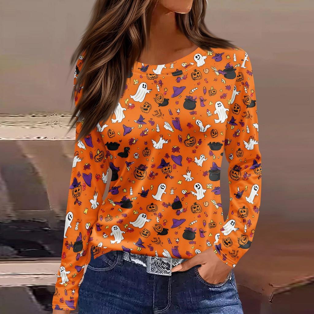 Haut à manches longues et col rond pour femme avec imprimé Halloween et fente latérale à l'ourlet pour un look décontracté de fête