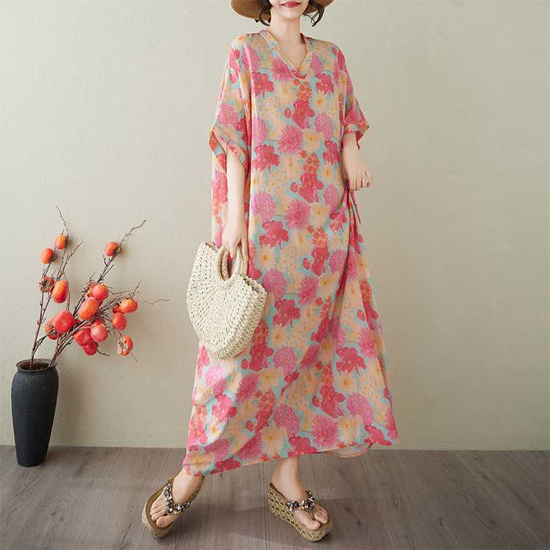V-neck Retro Long Skirt Cotton Linen Dress for Women