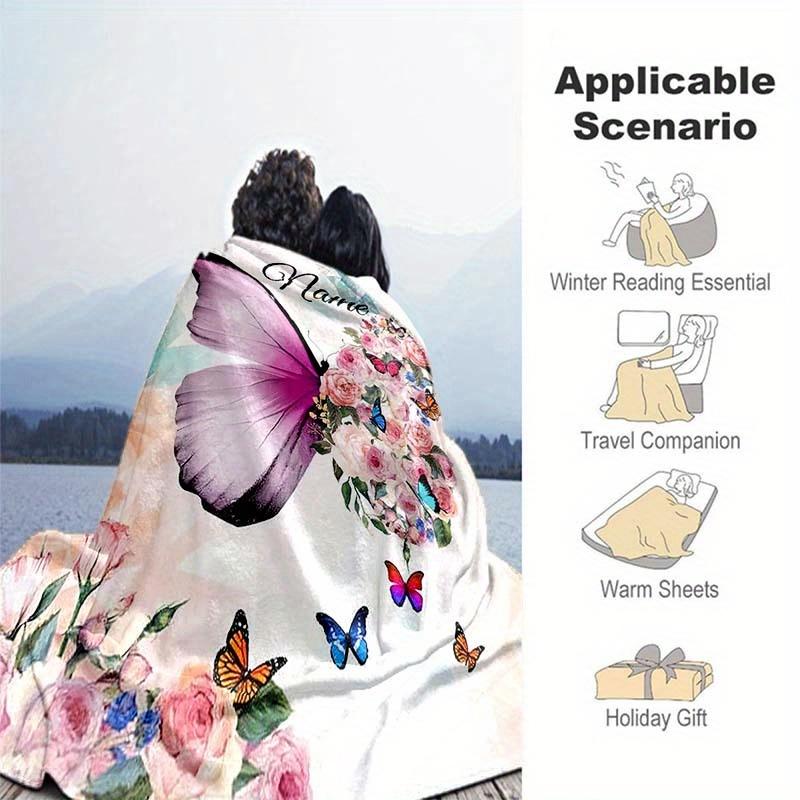 Butterfly Flower Customize Your Name Blanket Warm Comfortable Soft Blanket For Chair Office Sofa Bed Sofa Office Camping Suitable For Gifting