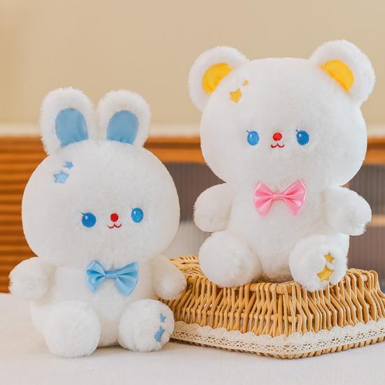 Kreslená plyšová hračka Roztomilý zajíček/medvěd Plyšáci Nosit mini mašli Měkký plyšový polštářek s plyšovým zvířátkem Ornament Děti Společenská panenka Hračka k narozeninám