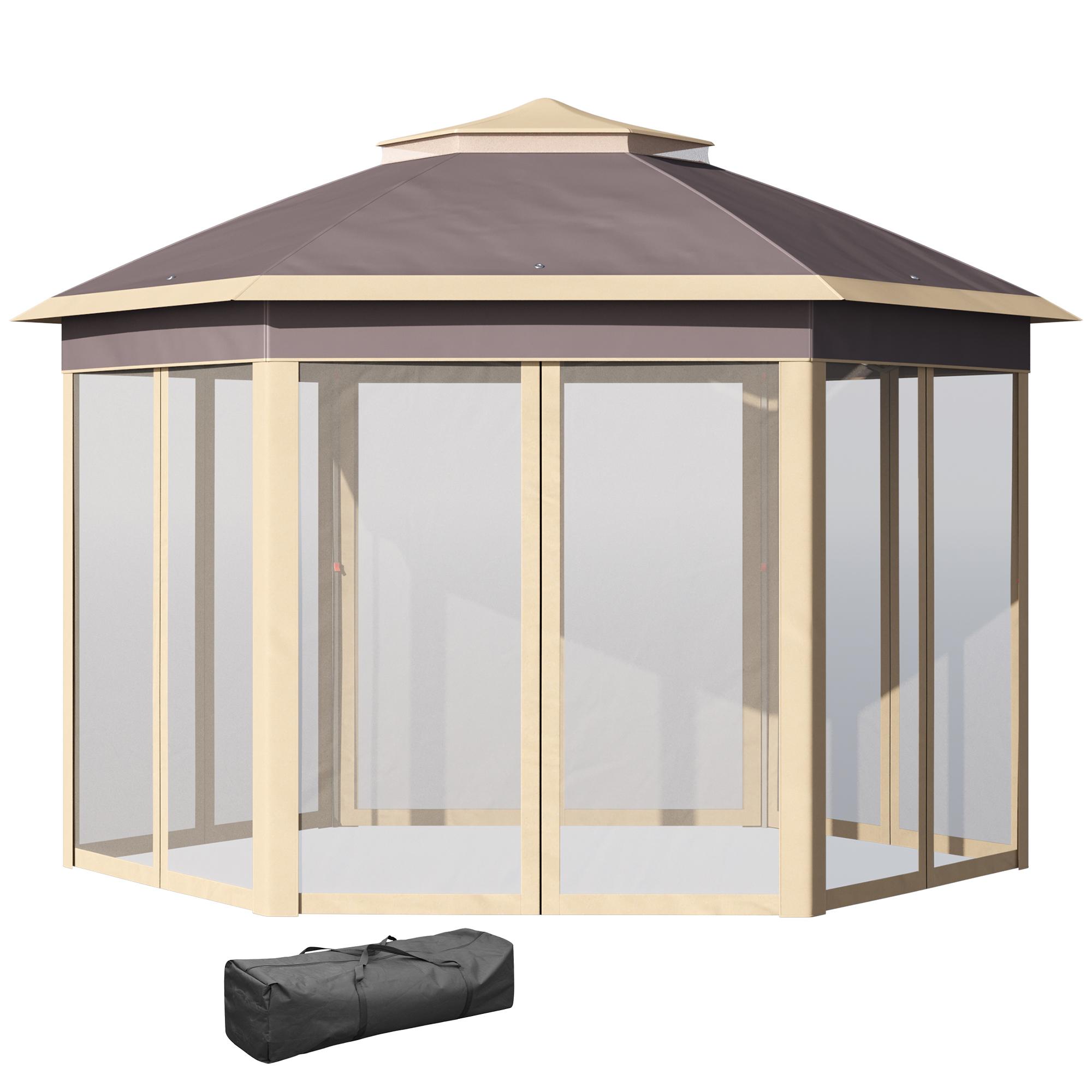 Tonnelle de Jardin Hexagonale 4,05x3,4x2,85 M Avec Double Toit 6 Moustiquaires Amovibles Sac Et Anti UV Beige