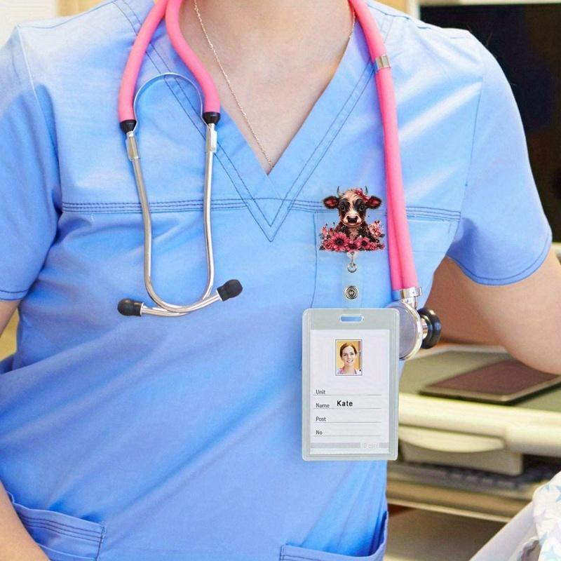 Flashing Flower & Highland Cow Badge Clip. Fun Christmas Accessory for Doctors and Professionals.