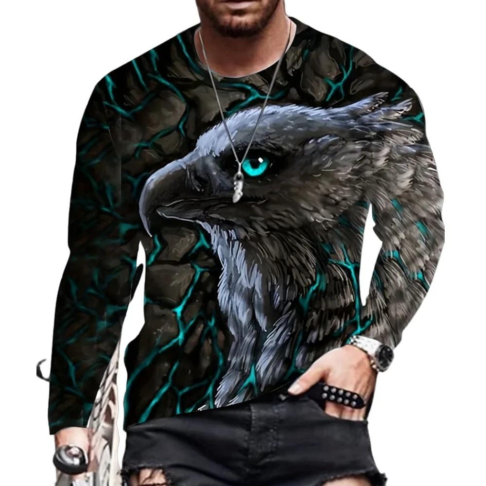Street trend 3D eagle print men's casual round neck long sleeved T-shirt
