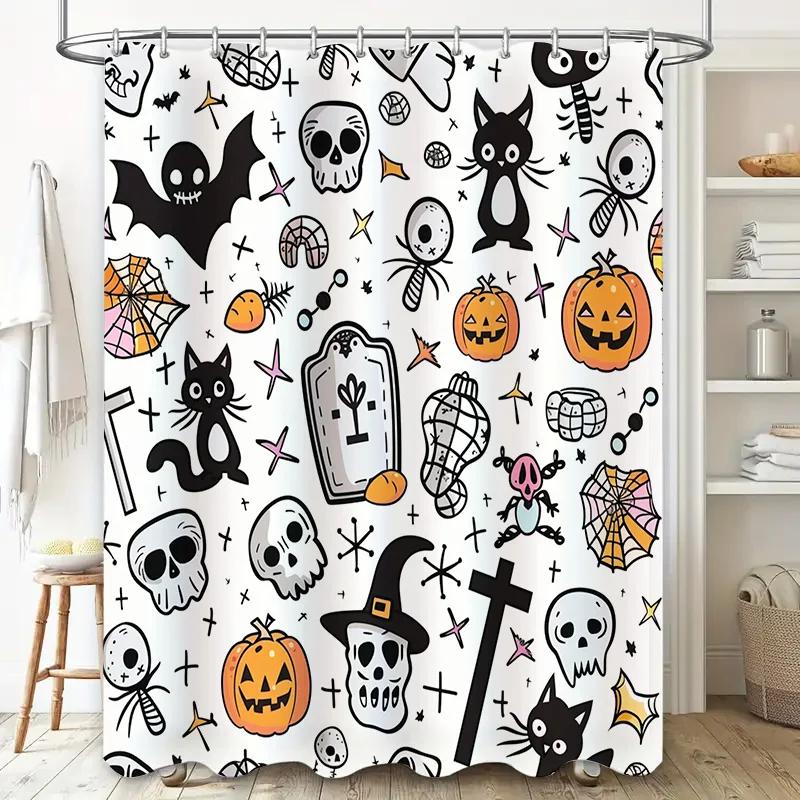 Halloween-themed Shower Curtain with Spooky Patterns Featuring Pumpkins, Skulls, Bats, Cats More Perfect for a Fun Haunted Hous