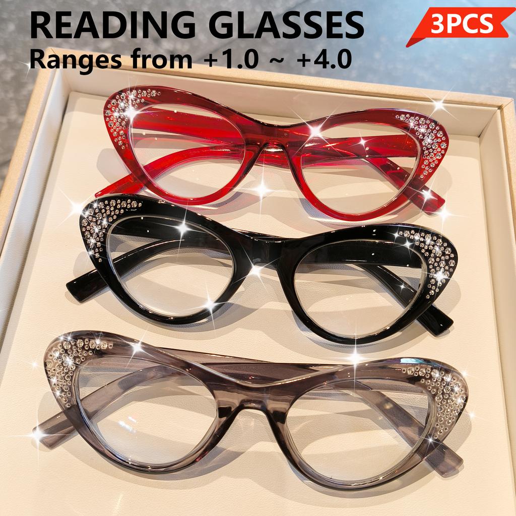 3 Stück Elegante Strass Katzenaugen Lesebrillen für Damen Herren - Vollrand, Katzenauge, Hochdefinitionsglas, +1.0 bis +4.0 Dioptrien