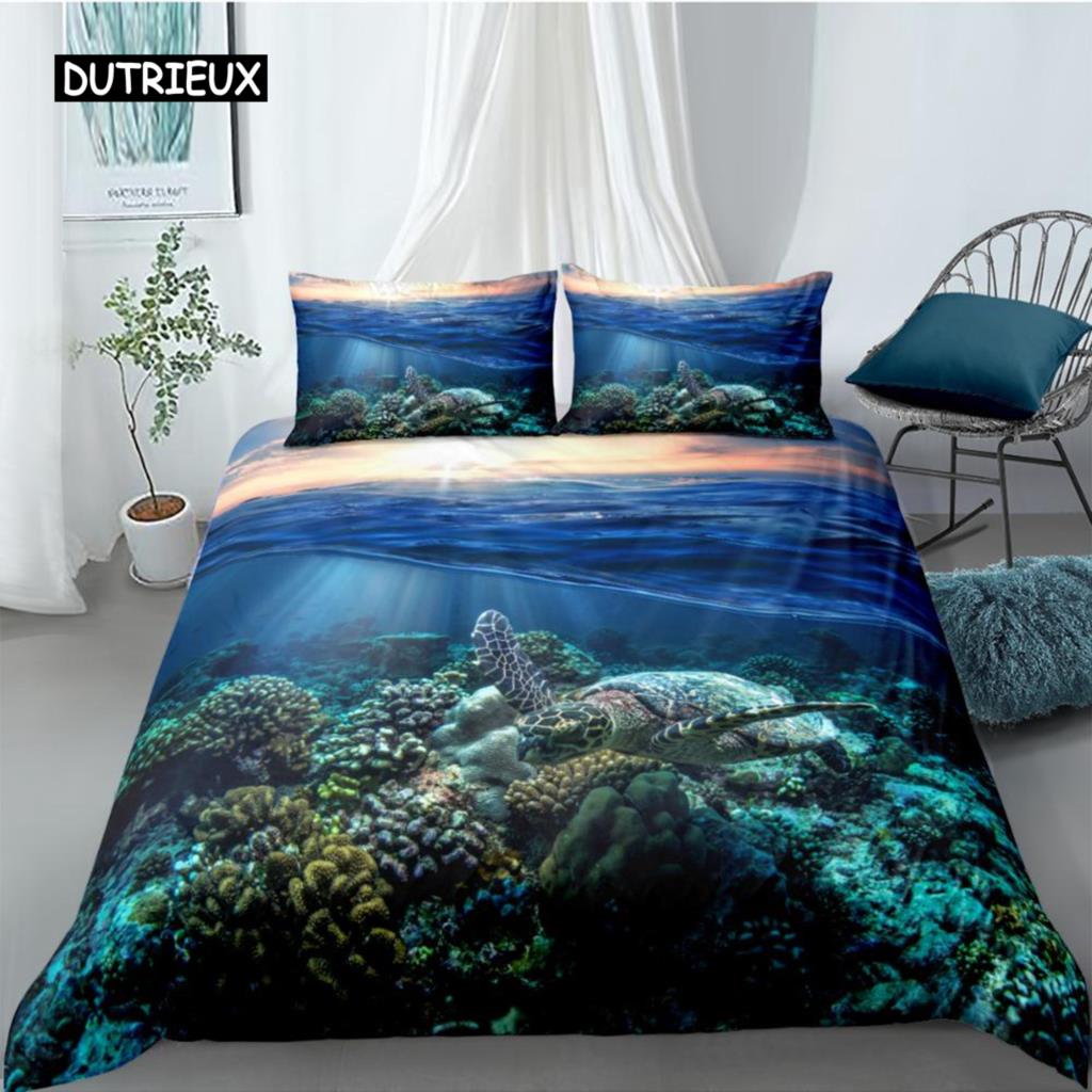 Ocean Duvet Cover Set Queen Double Size Polyester Ocean Animals Fishes Tortoise and Rainbow Color Coral Printed Comforter Cover