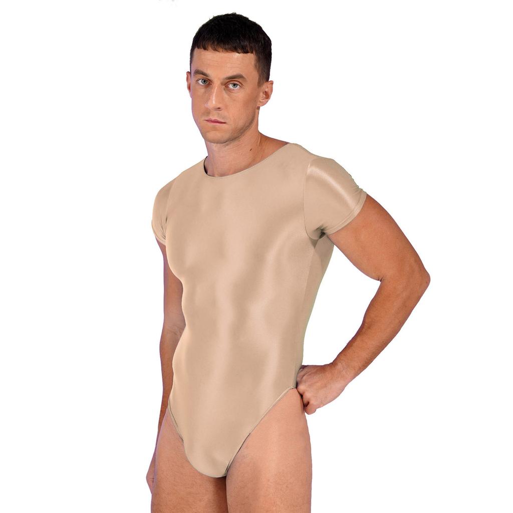 Mens Solid Color Short Sleeve Leotard Glossy Round Neck High Cut Bodysuit Swimwear Sportswear