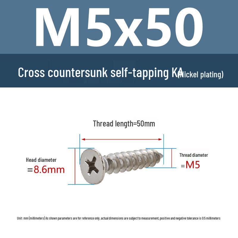 YiguYigu Nickel-Plated Phillips Flat Head Self-Tapping Screws M1-M5, Carbon Steel