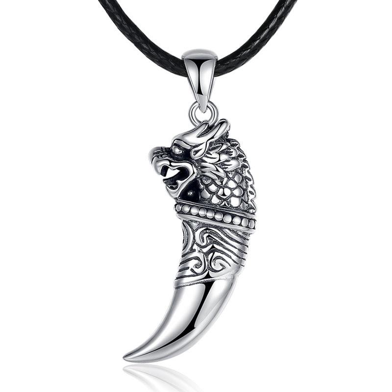 S925 Sterling Silver Personalized Wolf Tooth Pendant Necklace - Unisex Retro Design