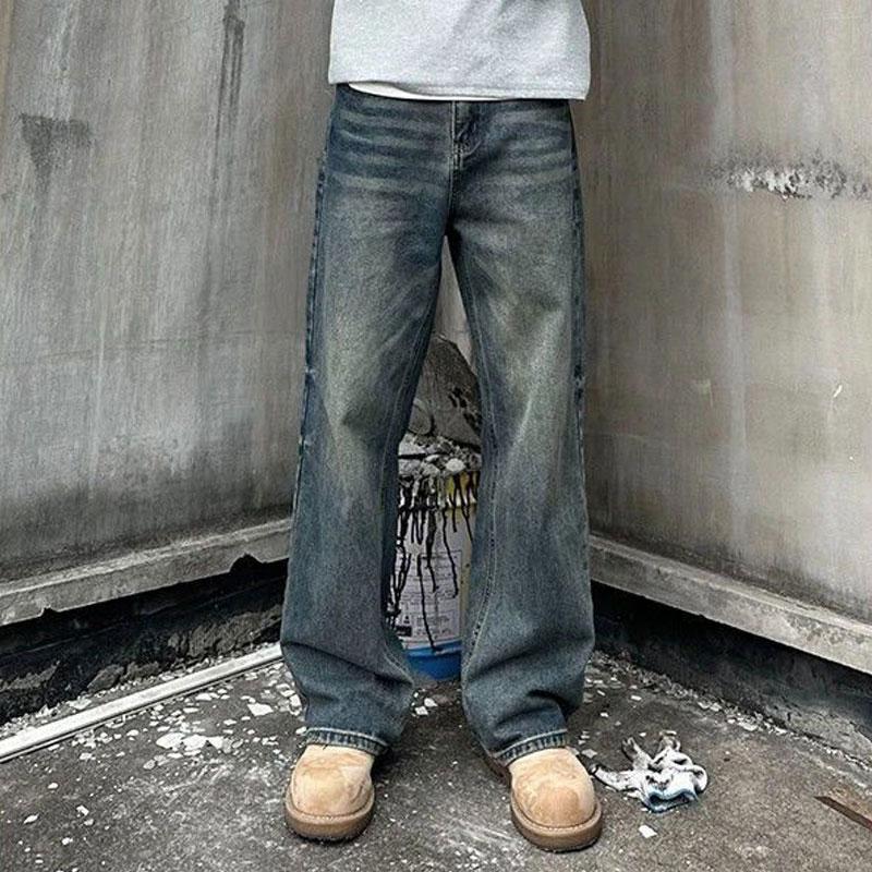 Retro Blaue Lockere Amerikanische High Street Jeans Frühling Herbst Gerade Herrenbekleidung Modische Basic Mittlere Taille Lässige Hose