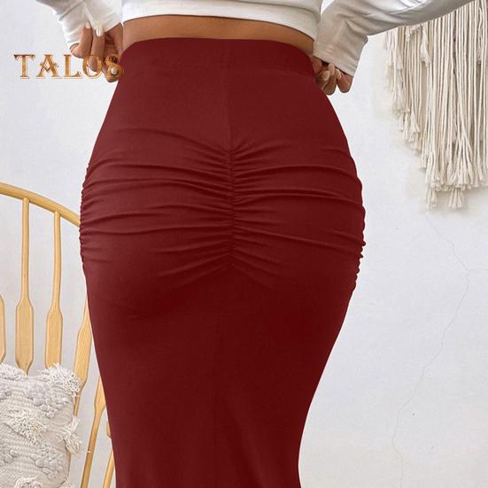 Women Maxi Skirt High Waist Solid Color Fishtail Skirt Slim Fit Hip Lifting Ankle Length Skirt Shirring Design Long Skirt