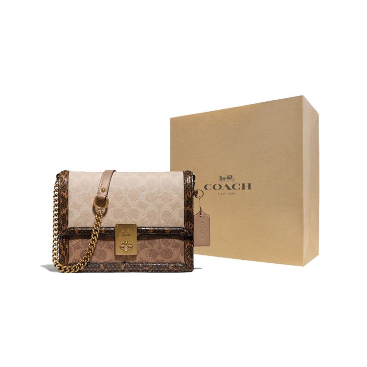 Coach Hutton 21 Classic Monogram Color Block Personality Leather And Snakeskin Coated Canvas Small Shoulder Crossbody Bag Women Bags Brown 89068-B4PVR