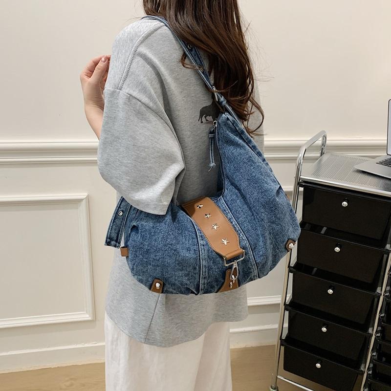 Vintage Large Capacity Denim Bag Women's Shoulder Underarm Bag Commuter Crossbody Bag