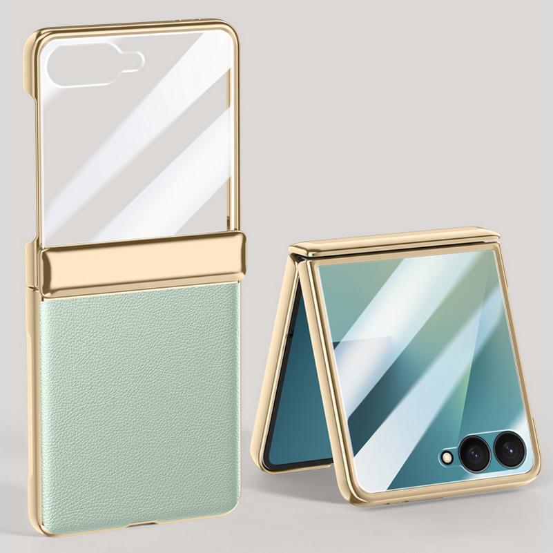 Electroplate Spring Hinged Leather Tempered Glass Protect Case For Samsung Galaxy Z Flip7 Flip 7 All-inclusive Cover