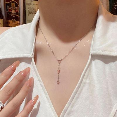 Japanese and Korea Pink Mini Heart Shaped Zircon Necklaces for Women Girls Sweet Romantic Long Tassel Necklaces Jewelry Gifts