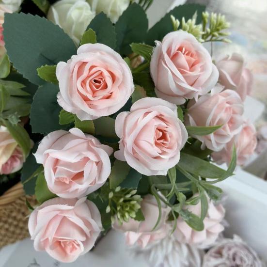 Artificial Rose Flower Multi-Heads Fake Rose Flower Bouquet with Stem for DIY Bridal Bouquet Wedding Party Table Centerpiece Home Decor