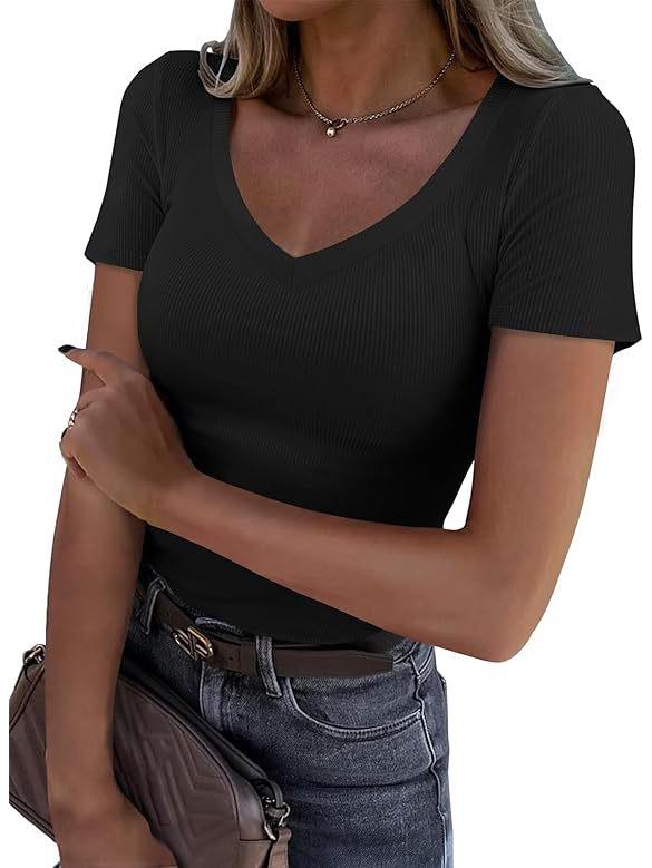 New Style Ribbed Texture Slim Fit V-neck Casual Women's Long Sleeve T-shirt