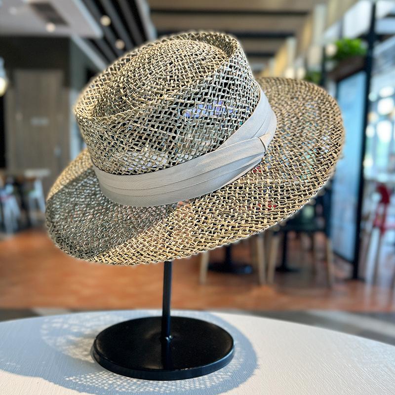 Summer Hollow Breathable Flat Brim Straw Hat Travel Vacation Photo Hat Retro French Fashion Salty Straw Visor Adjustable