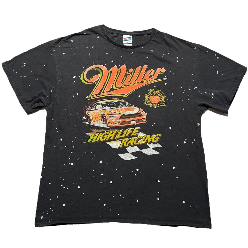 Junk Food Miller High Life Racing T Shirt Mens Large Black Paint Splatter NASCAR