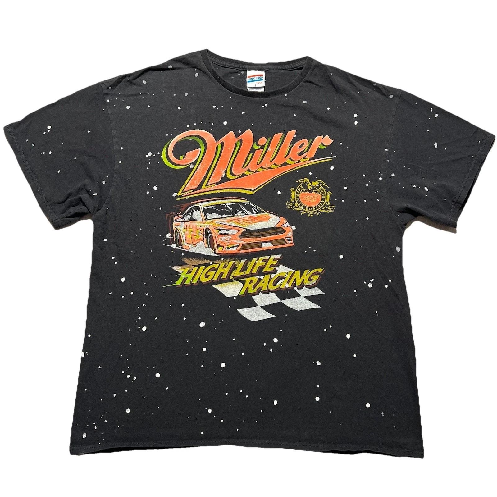 Junk Food Miller High Life Racing T Shirt Mens Large Black Paint Splatter NASCAR M
