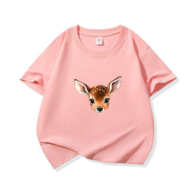 Kids Cotton T Shirt Cute Peeking Deer Print Crew Neck Short Sleeve Tee Casual Breathable Boys Girls Summer Tops
