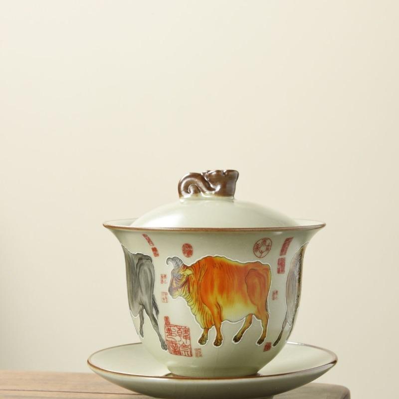 

180ml Ru Kiln Cracking Ceramic Sancai Cover Bowl Heart Sutra Kung Fu Tea Bowl Underglaze Colored Household Chinese Tea Cup 180ml