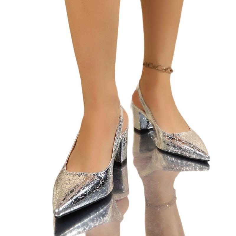 New Plus-size European and American Style Pointed Toe Stiletto High-heeled Sandals for Women with Crocodile Pattern and Back Strap.