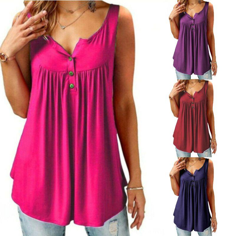 Eleganti Bluse Tunica Svasate da Donna con Scollo O e Volant in Chic Design Senza Maniche con Bottoni