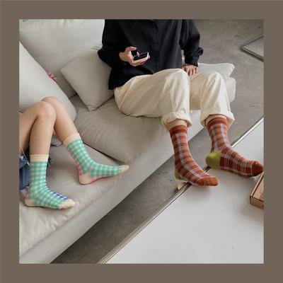 Women's Autumn Vintage Fashion Collage Color Check Grain Tube Stack Socks