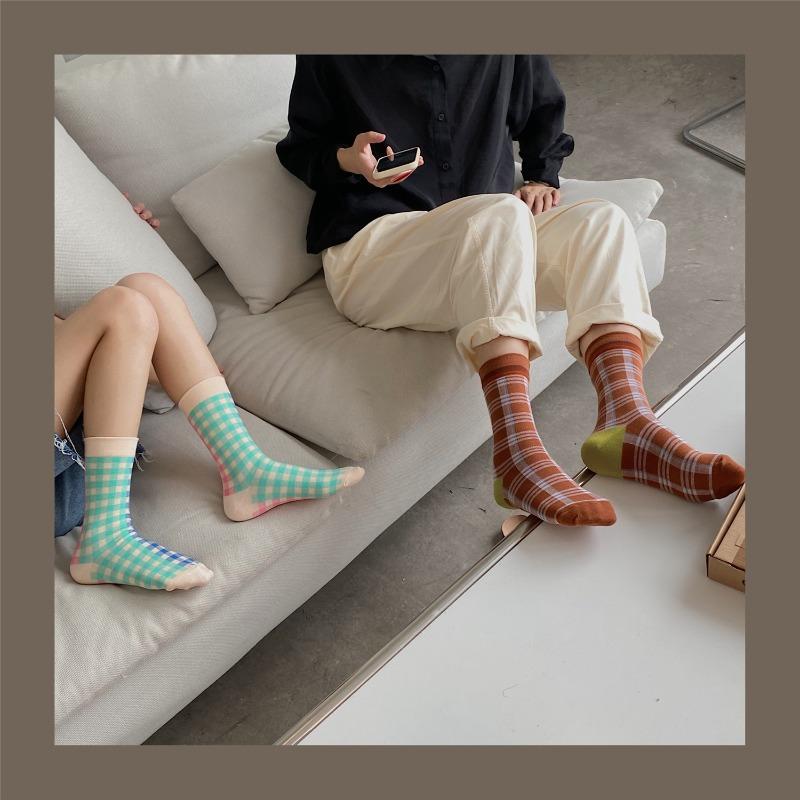 Women's Autumn Vintage Fashion Collage Color Check Grain Tube Stack Socks
