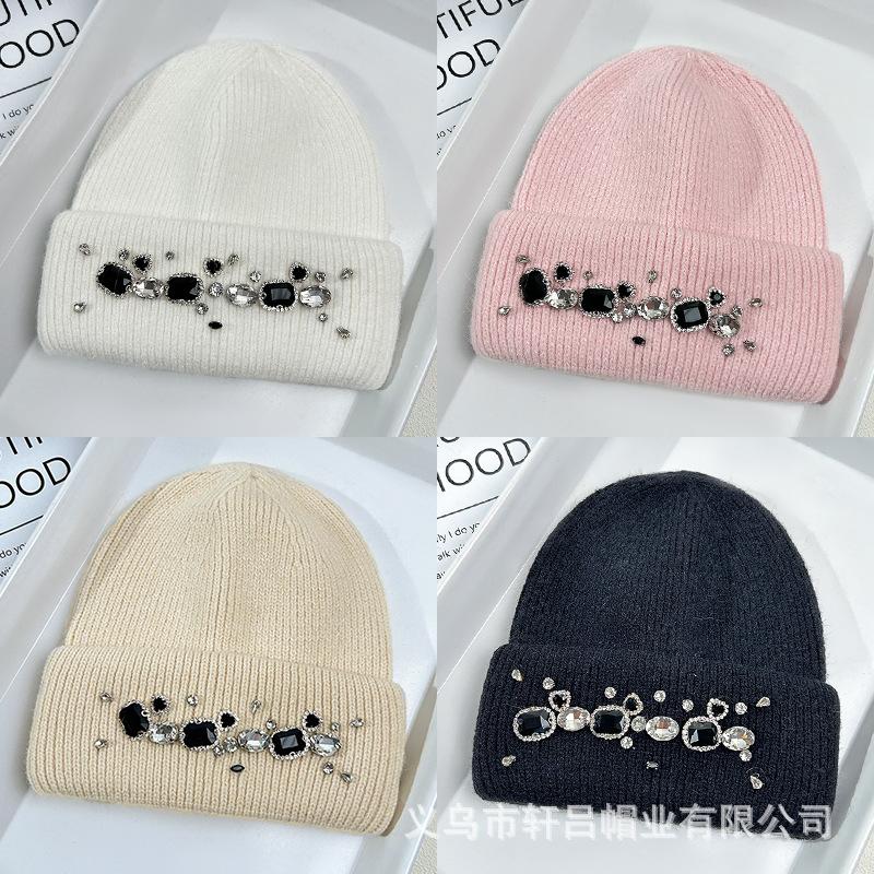 Hat Women's Autumn and Winter Rabbit Hair Warm Knitted Hat Women's Group Wind Fashion Rhinestone Wool Hat Versatile Crouch Cold Hat