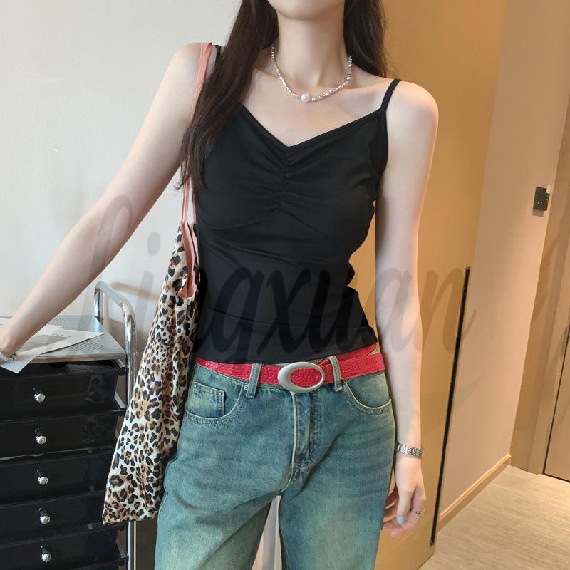 

2026 Women s Slim V-Neck Camisole with Unique Thin Straps Large чёрный