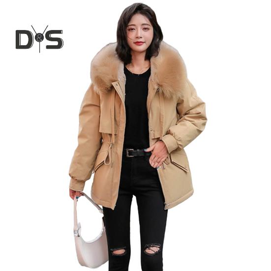 Jaqueta feminina acolchoada, casaco forrado de pelúcia com cordão na cintura, jaqueta acolchoada quente de inverno com capuz de pele sintética para trabalho, moda urbana