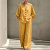 Women's Summer Two Piece Set V Neck Button Front Top with Three Quarter Sleeves and Loose Fit Casual Wide Leg Pants