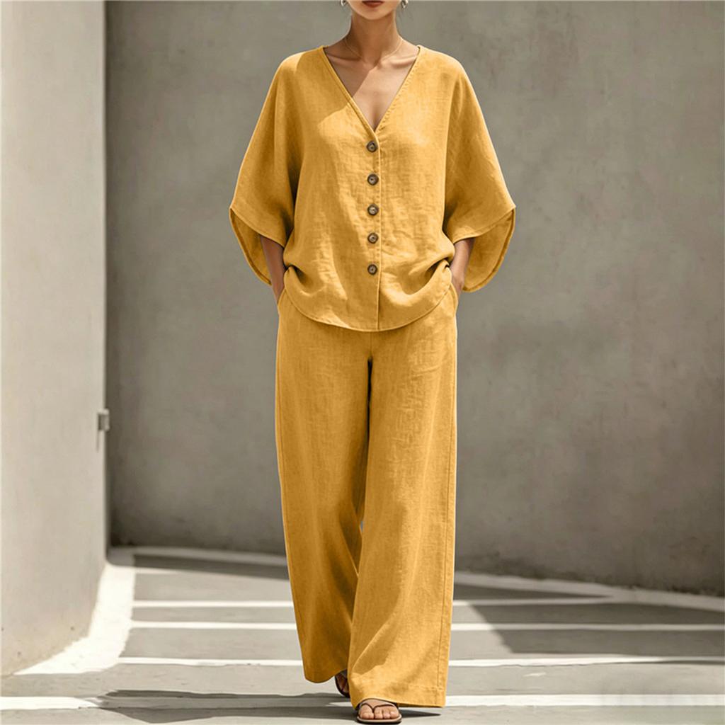 Women's Summer Two Piece Set V Neck Button Front Top with Three Quarter Sleeves and Loose Fit Casual Wide Leg Pants