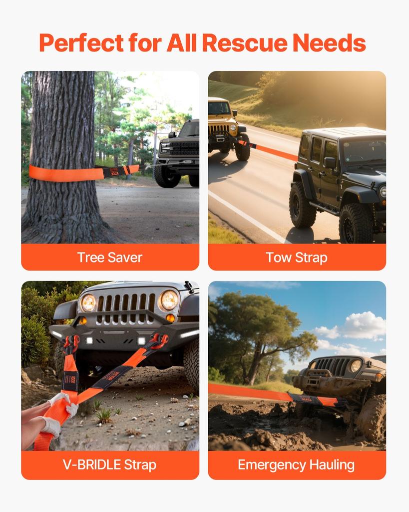 VEVOR Recovery Tow Strap 76.2 Mm, 2.4 M 16329 Kg Break Strength, Triple Reinforced Loop Straps, Tree Saver, Winch Line Extension Strap