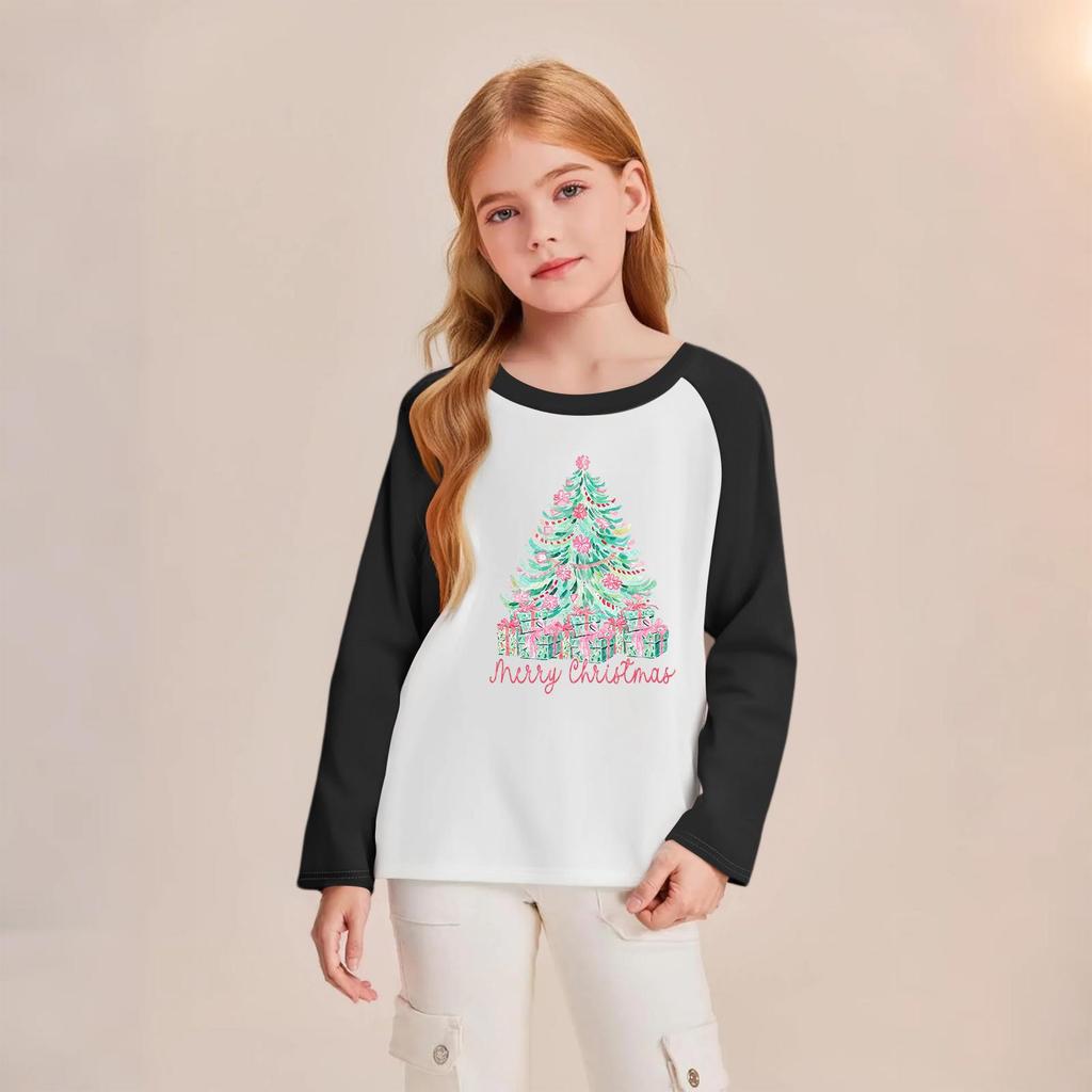 Kids' Fashionable Comfortable Christmas Print Neck Pullover Long Sleeve Top