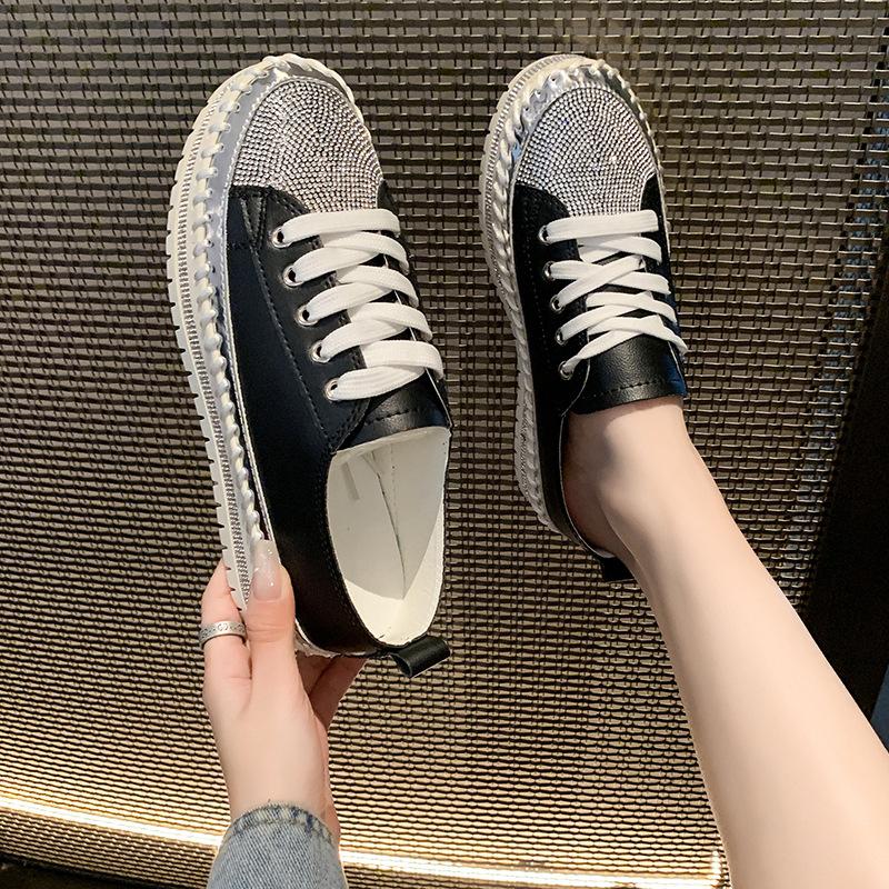 Large size white shoes women's 2025 new diamond-encrusted muffin platform sequin hemming fashion board shoes