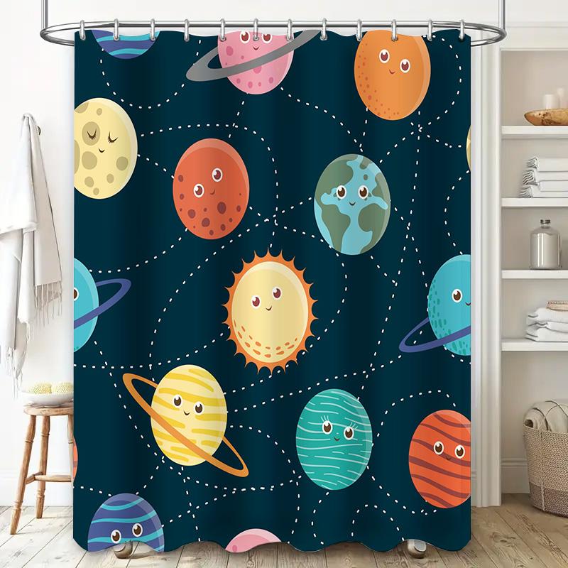 Space Planet Sun Moon Shower Curtain Cartoon Print Waterproof Fabric Bathroom Decorations Dark Blue Color Home Decoration Gift