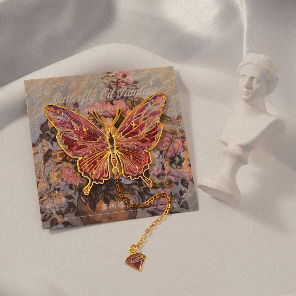 Colorful Butterfly Bookmark With Chain Metal Oil Painting Bookmarks Pendant Decorative Stationery Bronzing Bookmark