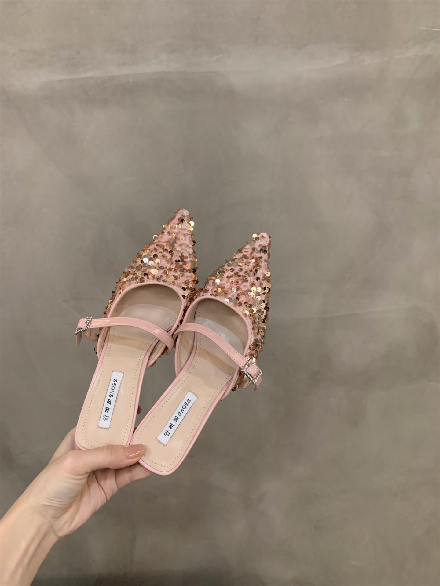 

Французькі туфлі-човники на товстому каблуці з темпераментним бантом, напівшльопанці, туфельки феї, носити 2024 нова весна-літо з паєтками, напівпідносні одинарні туфлі 40 рожевий