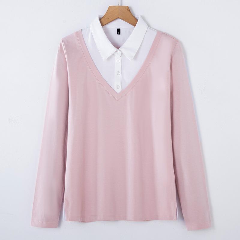 Dámské jarní a podzimní tričko ve velkých velikostech, trendy nové falešné dvoudílné s dlouhým rukávem, černé a bílé podšité, korejský styl, top, spodní tričko