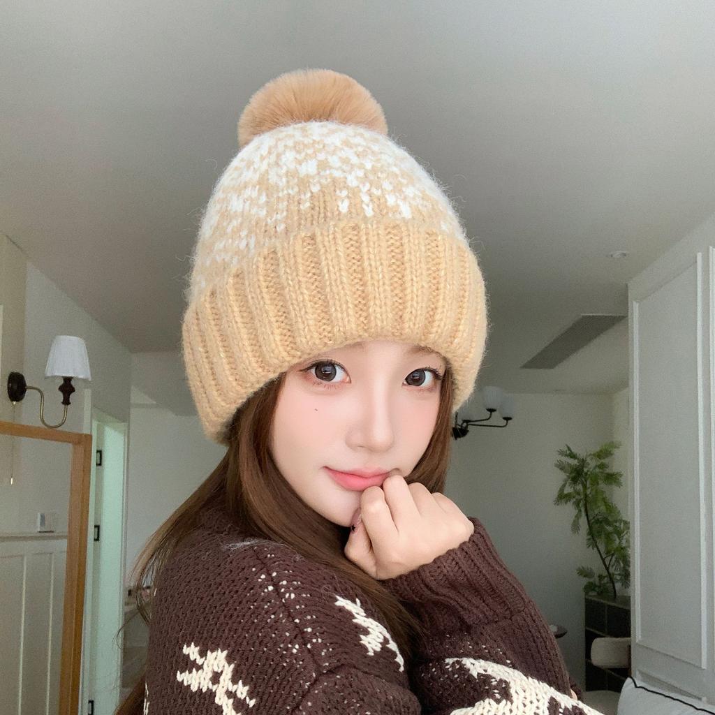 Jacquard Knitted Hat Autumn Winter Beanie Women's Hat, Outdoor Cycling Plush Lining Warm Wholesale