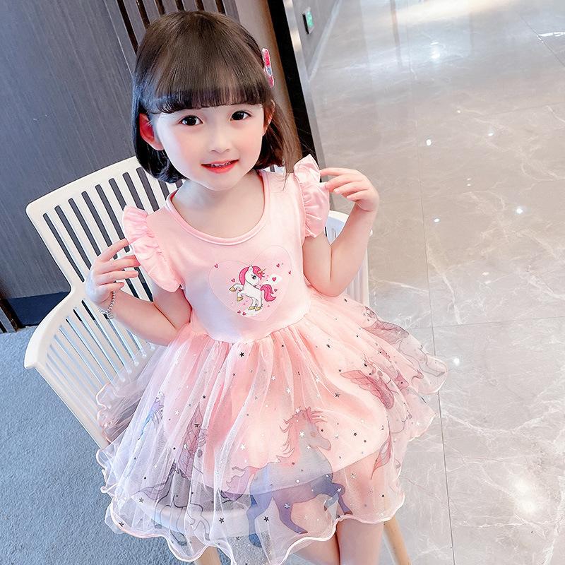 New Style Girl's Unicorn Dress for Young Children, Puffy Tulle Princess Dress, Cotton Short Sleeve Baby Dress